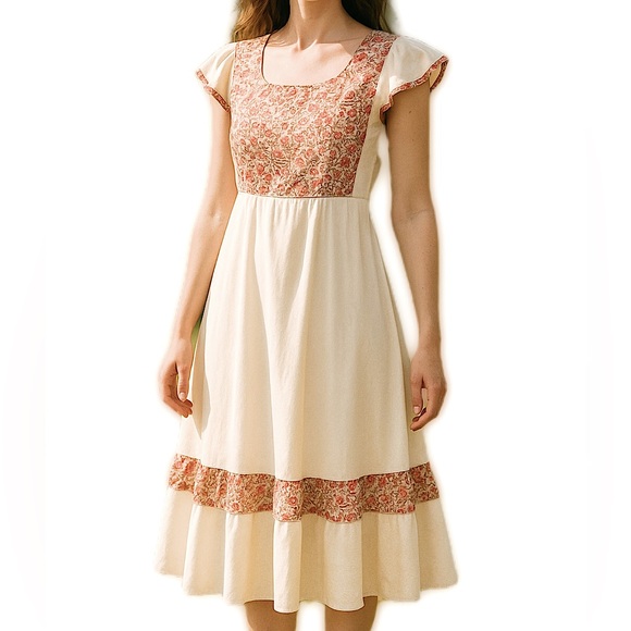American Vintage Dresses & Skirts - Vintage 70’s Cottagecore Dress Floral Cream w. Flutter Sleeves Prairie Western M